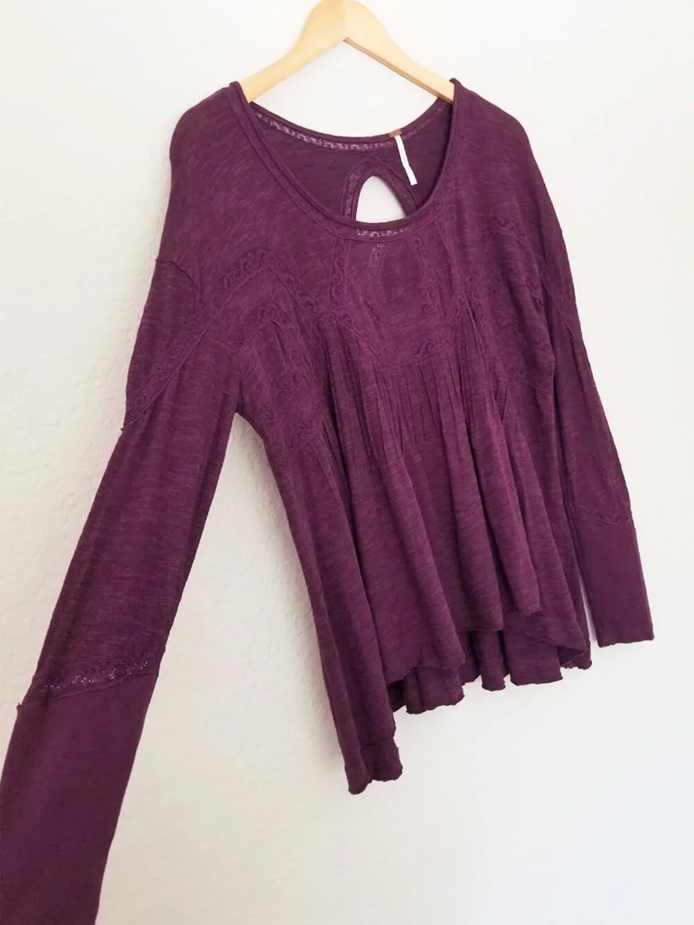 Free People New Hope Babydoll Long Sleeves Top S Eggplant Cutout Peasant Boho